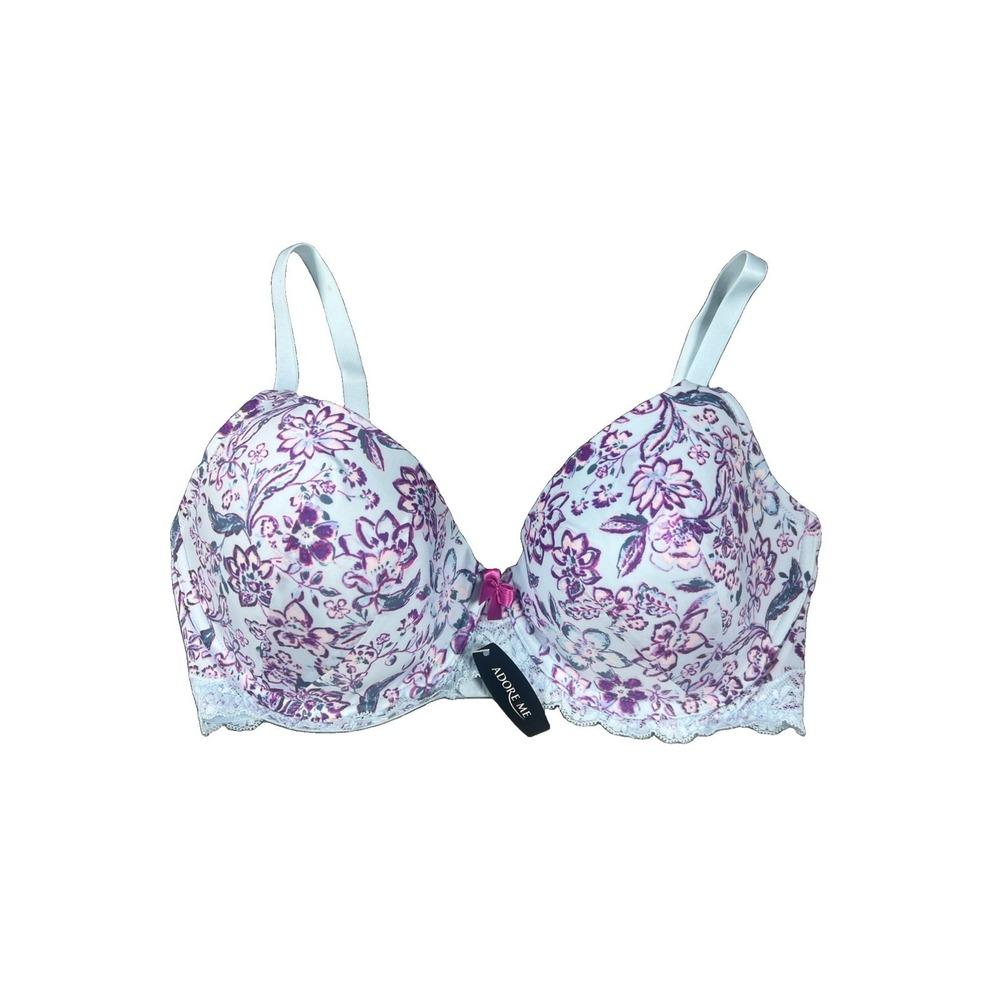 Adore Me 34DD Blue Bra Floral Lace Hem Padded Hook Closure Strappy Underwire NEW